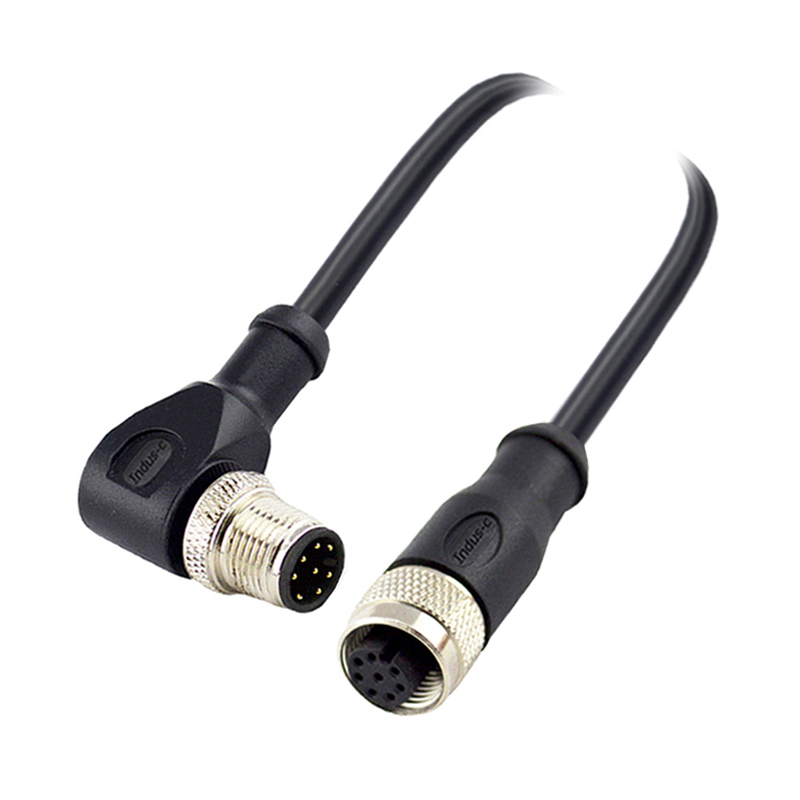 M12 8pins A code male right angle to female straight molded cable,unshielded,PVC,-10°C~+80°C,24AWG 0.25mm²,brass with nickel plated screw